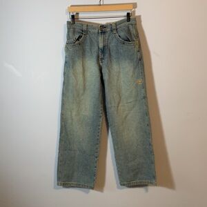 Timberland medium wash vintage Y2k wide leg jeans embroidered tight logo boys 18